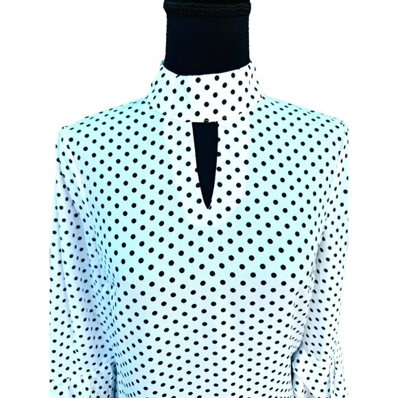 Boston Proper Black White Polka Dot Blouse Ruffled Bell Sleeves Keyhole Neckline - Picture 5 of 11